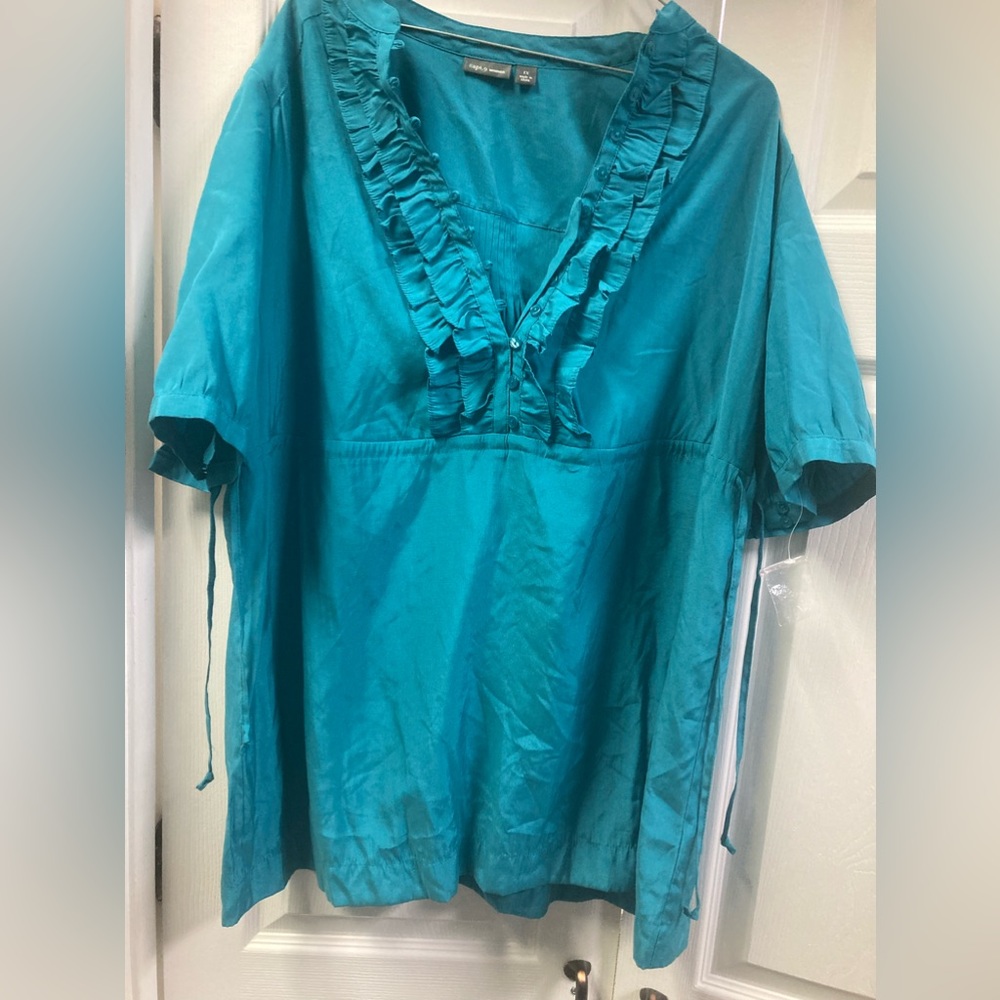 Teal plus size 1X adjustable cinched waist blouse